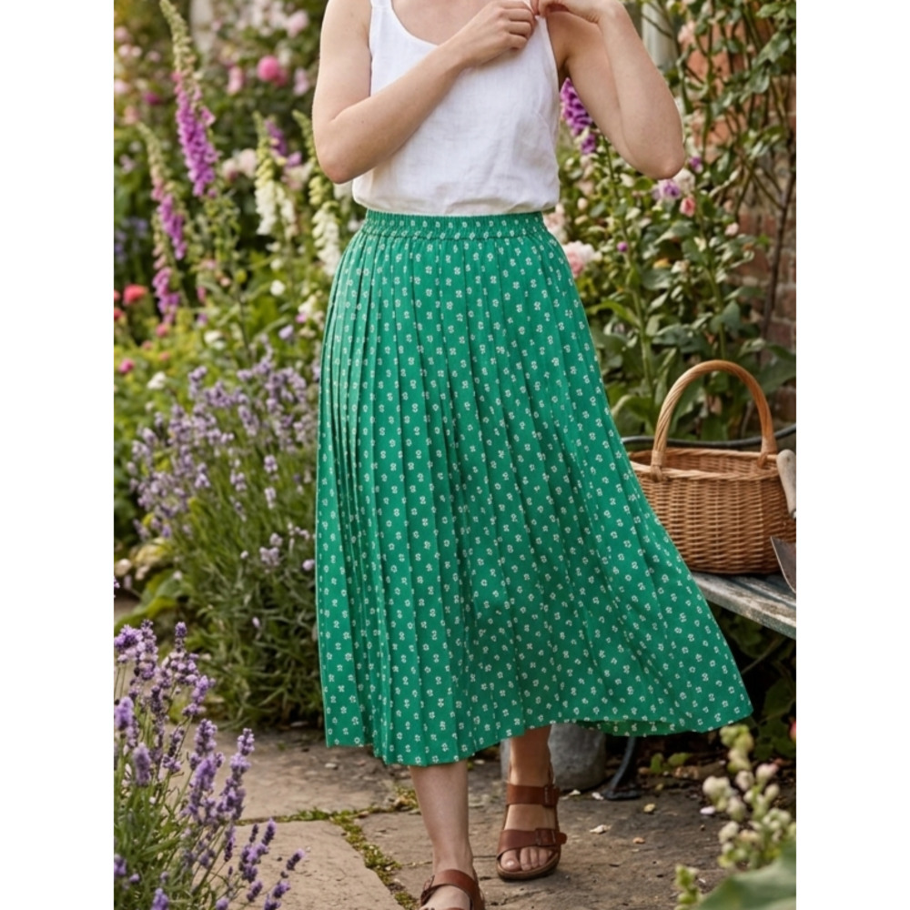 Leslie Fay Cottagecore Floral Pleated Green Midi Skirt 6P